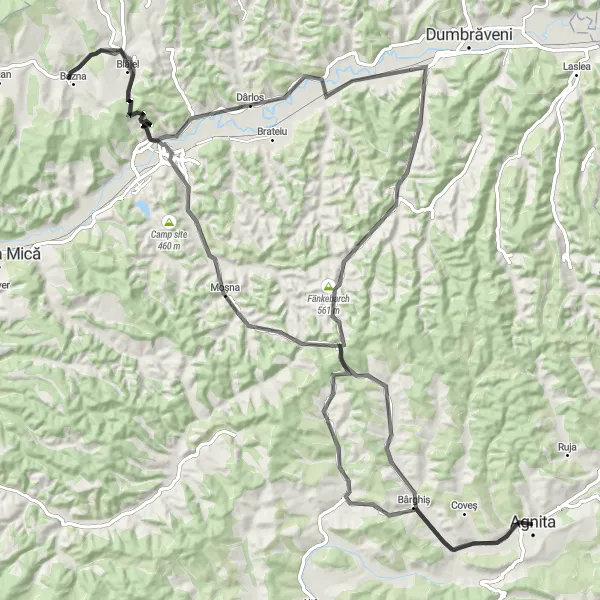 Map miniature of "Agnita to Bârghiș and Back" cycling inspiration in Centru, Romania. Generated by Tarmacs.app cycling route planner