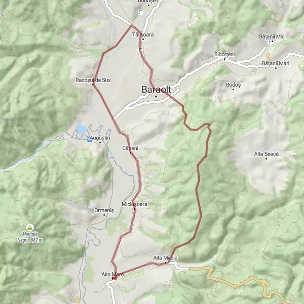 Map miniature of "Exploring Racoșul de Sus and Baraolt by Gravel" cycling inspiration in Centru, Romania. Generated by Tarmacs.app cycling route planner