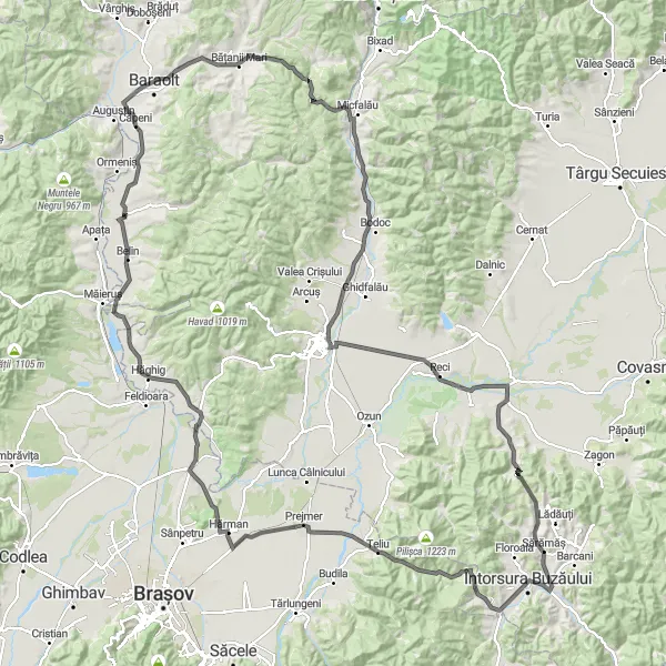 Map miniature of "The Baraolt and Întorsura Buzăului Loop" cycling inspiration in Centru, Romania. Generated by Tarmacs.app cycling route planner