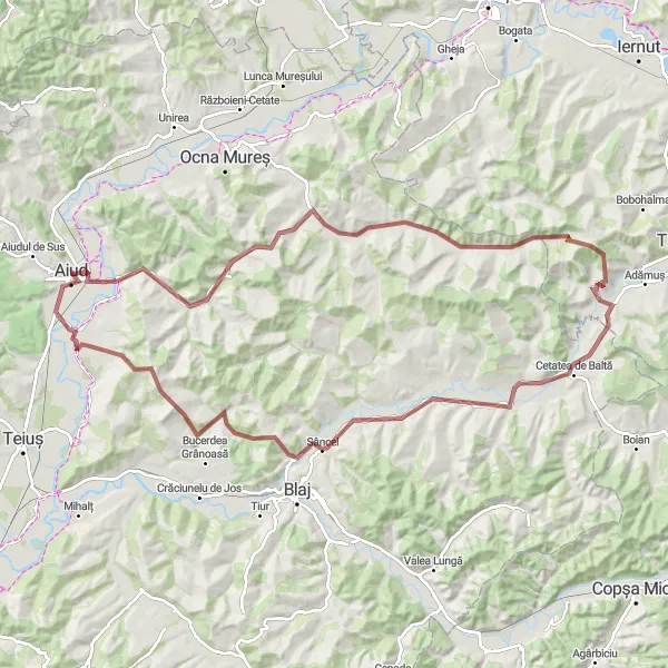 Map miniature of "Scenic Gravel Tour" cycling inspiration in Centru, Romania. Generated by Tarmacs.app cycling route planner