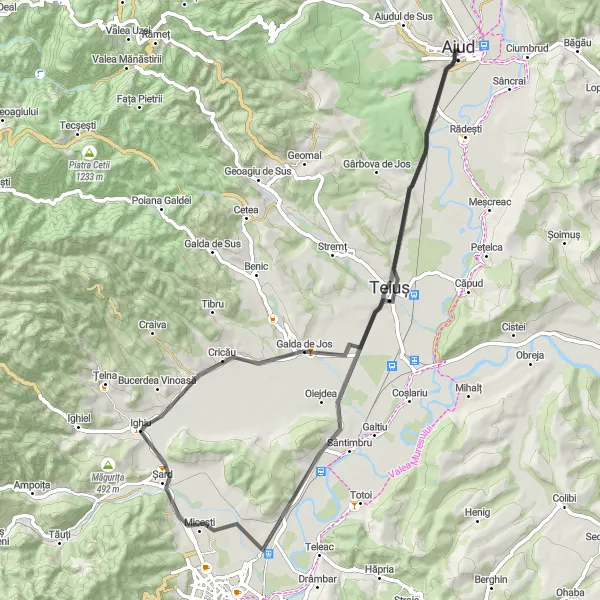 Map miniature of "Aiud to Teiuș Loop" cycling inspiration in Centru, Romania. Generated by Tarmacs.app cycling route planner