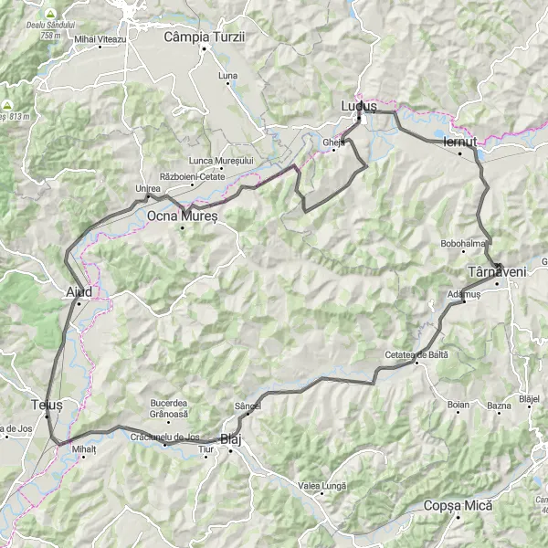 Map miniature of "Discover the Hidden Gems near Aiud" cycling inspiration in Centru, Romania. Generated by Tarmacs.app cycling route planner