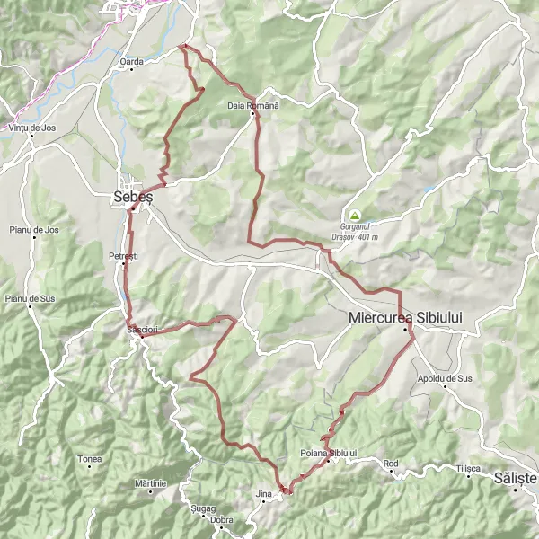 Map miniature of "Sibiu Hills Gravel Loop" cycling inspiration in Centru, Romania. Generated by Tarmacs.app cycling route planner