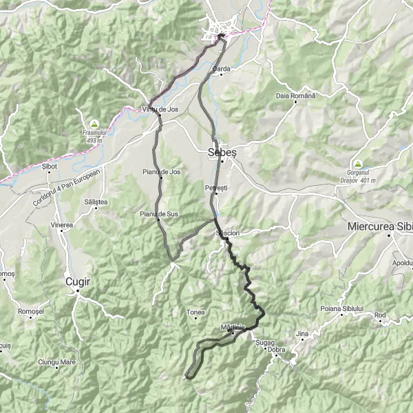 Map miniature of "Challenging Climb to Vurpăr" cycling inspiration in Centru, Romania. Generated by Tarmacs.app cycling route planner