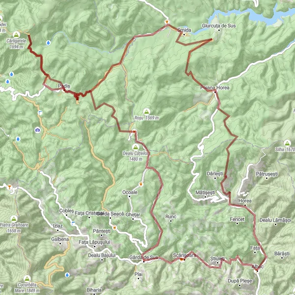 Map miniature of "Albac - Gârda de Sus - Tarnița - Stânișoara - Piatra Arsă - Padiș - Butești - Albac" cycling inspiration in Centru, Romania. Generated by Tarmacs.app cycling route planner