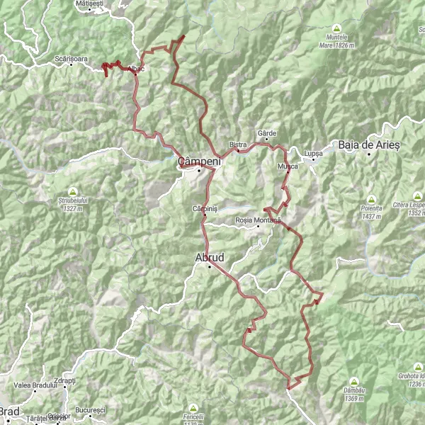 Map miniature of "Albac - Necșești - Abrud - Izvoru Ampoiului - Corabia - Valea Șesii - Belvedere - Pițiga - Lunca Merilor - Cionești - Albac" cycling inspiration in Centru, Romania. Generated by Tarmacs.app cycling route planner