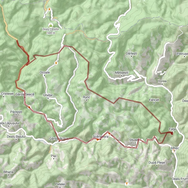 Map miniature of "Albac - Scărișoara - Pliști - Piatra Tăuzului - Stânișoara - Dealu Costeștilor - Fericet - Albac" cycling inspiration in Centru, Romania. Generated by Tarmacs.app cycling route planner