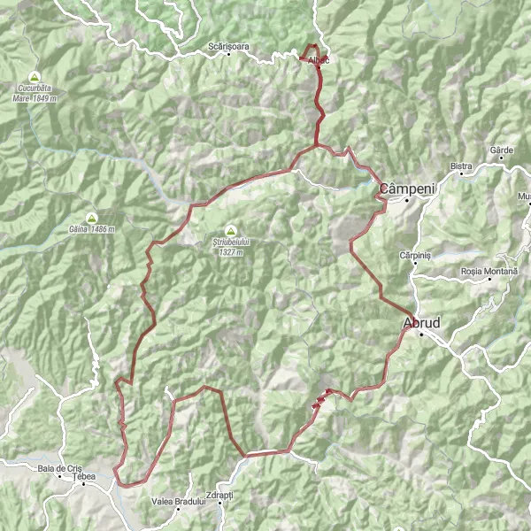 Map miniature of "Albac - Necșești - Abrud - Cicera - Mihăileni - Ribicioara - Oidești - Albac" cycling inspiration in Centru, Romania. Generated by Tarmacs.app cycling route planner