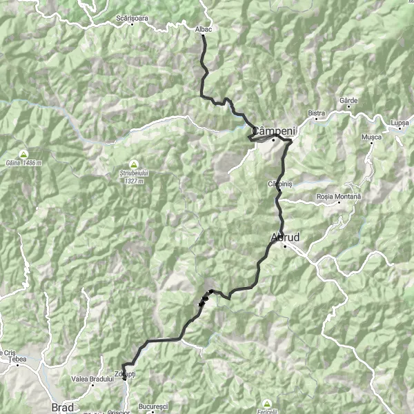 Map miniature of "Albac - Câmpeni - Abrud - Cicera - Mihăileni - Buceș - Coasta Henții - Vadu Moților - Albac" cycling inspiration in Centru, Romania. Generated by Tarmacs.app cycling route planner