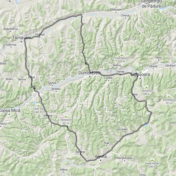 Map miniature of "The Historic Villages Circuit" cycling inspiration in Centru, Romania. Generated by Tarmacs.app cycling route planner