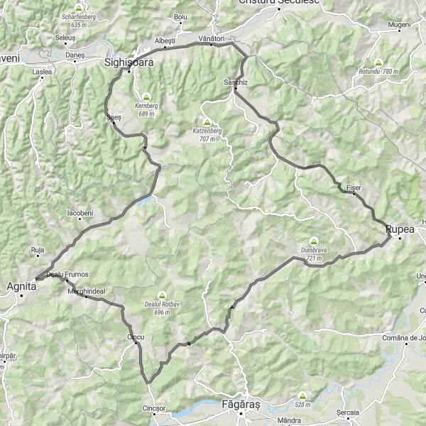 Map miniature of "The Road Less Traveled" cycling inspiration in Centru, Romania. Generated by Tarmacs.app cycling route planner