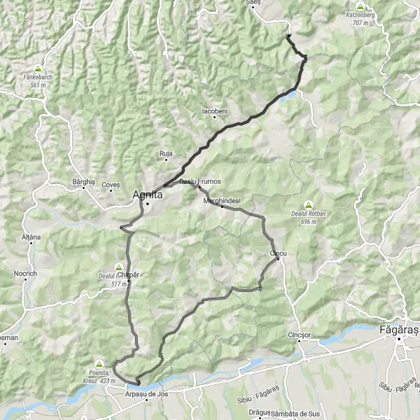 Map miniature of "The Countryside Escape" cycling inspiration in Centru, Romania. Generated by Tarmacs.app cycling route planner