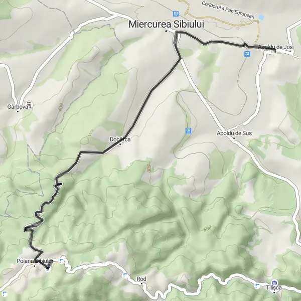 Map miniature of "Apoldu de Jos to Poiana Sibiului Loop" cycling inspiration in Centru, Romania. Generated by Tarmacs.app cycling route planner