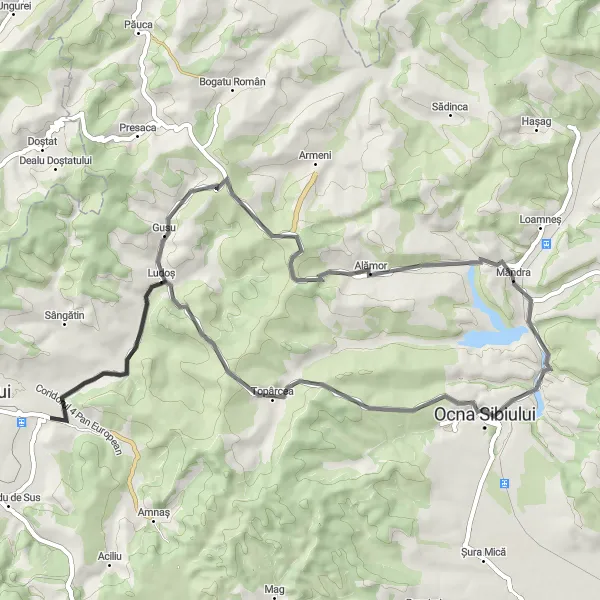 Map miniature of "Gusu and Topârcea Cycling Route" cycling inspiration in Centru, Romania. Generated by Tarmacs.app cycling route planner