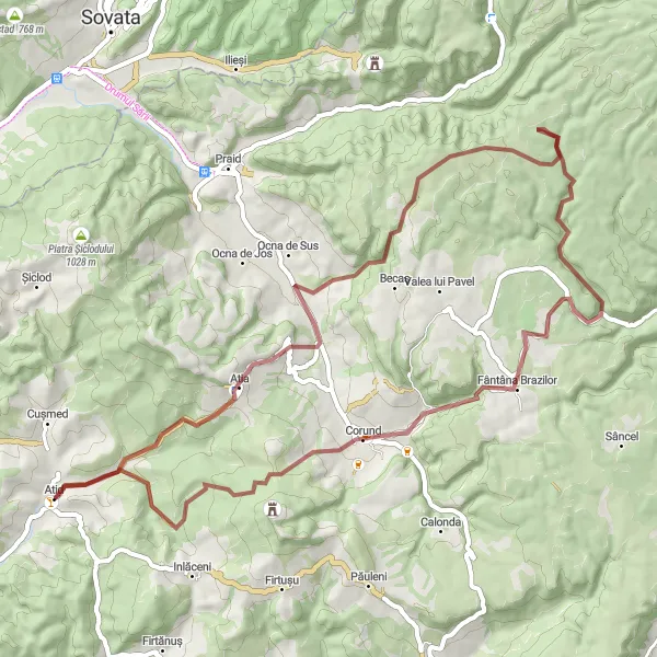 Map miniature of "Gravel Adventure to Atia" cycling inspiration in Centru, Romania. Generated by Tarmacs.app cycling route planner