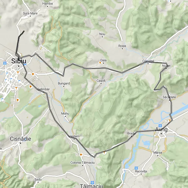 Map miniature of "The Sibiu Escape" cycling inspiration in Centru, Romania. Generated by Tarmacs.app cycling route planner