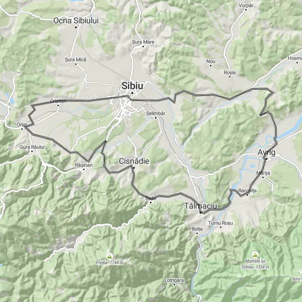 Map miniature of "The Countryside Loop" cycling inspiration in Centru, Romania. Generated by Tarmacs.app cycling route planner