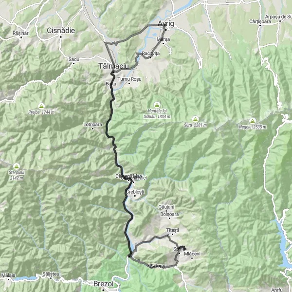 Map miniature of "Mountainous Adventures" cycling inspiration in Centru, Romania. Generated by Tarmacs.app cycling route planner