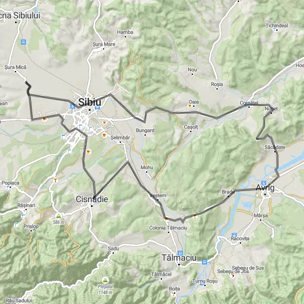 Map miniature of "Bradu - Săcădate Circuit" cycling inspiration in Centru, Romania. Generated by Tarmacs.app cycling route planner