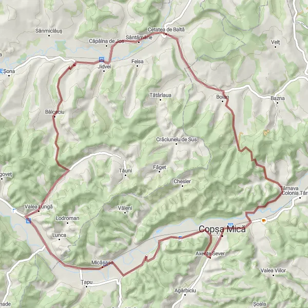 Map miniature of "Axente Sever - Copșa Mică Gravel Loop" cycling inspiration in Centru, Romania. Generated by Tarmacs.app cycling route planner