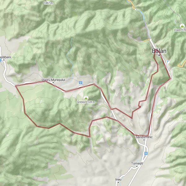 Map miniature of "Exploring the Gravel Paths of Sândominic and Izvoru Mureșului" cycling inspiration in Centru, Romania. Generated by Tarmacs.app cycling route planner