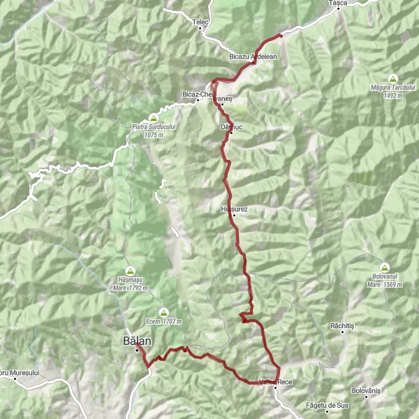 Map miniature of "Exploring Transylvanian Wilderness - Popasul Călătorului Însetat and Săcădatul" cycling inspiration in Centru, Romania. Generated by Tarmacs.app cycling route planner