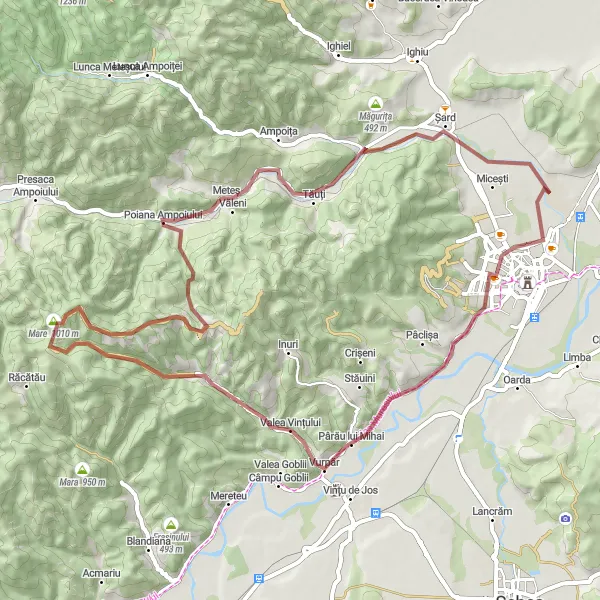 Map miniature of "Alba Iulia - Pârău lui Mihai - Mare - Meteș - Piatra Boului - Șard" cycling inspiration in Centru, Romania. Generated by Tarmacs.app cycling route planner