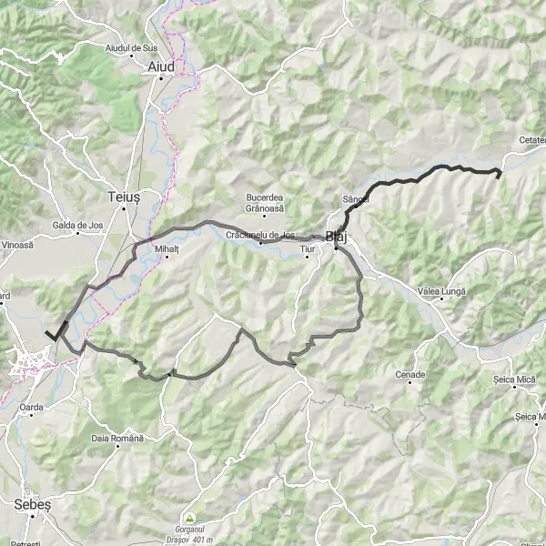 Map miniature of "Bilag - Coșlariu - Sâncel - Jidvei - Blaj - Cergău Mare - Teleac" cycling inspiration in Centru, Romania. Generated by Tarmacs.app cycling route planner