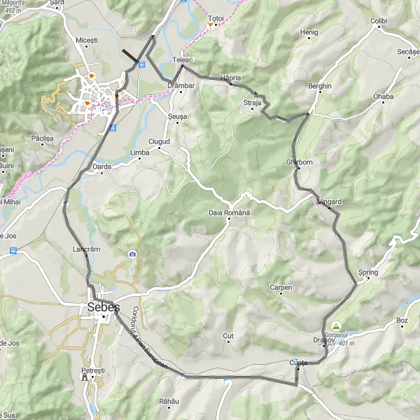 Map miniature of "Bilag - Teleac - Vingard - Gorganul Drașov - Drașov - Lancrăm - Bastion - Poarta III" cycling inspiration in Centru, Romania. Generated by Tarmacs.app cycling route planner