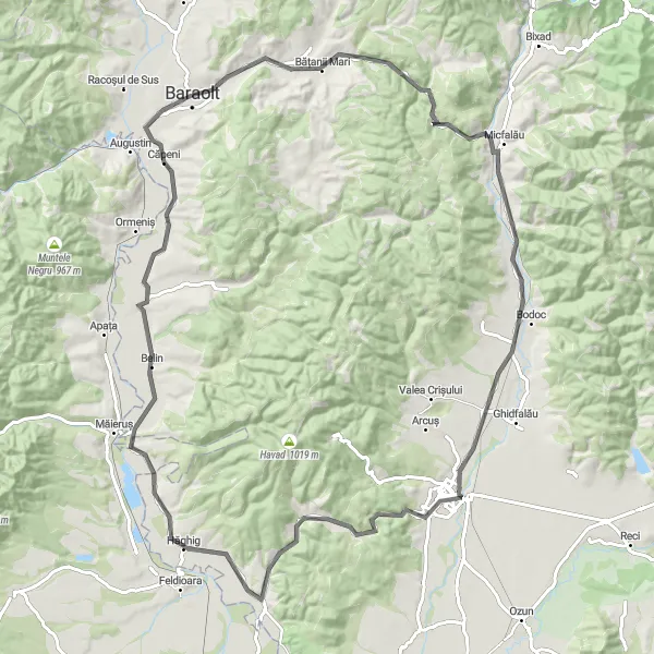 Map miniature of "Baraolt - Bățanii Mari - Sfântu Gheorghe - Hăghig - Micloșoara" cycling inspiration in Centru, Romania. Generated by Tarmacs.app cycling route planner