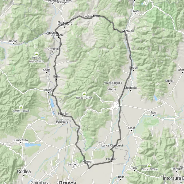 Map miniature of "Bike Adventure in Baraolt" cycling inspiration in Centru, Romania. Generated by Tarmacs.app cycling route planner