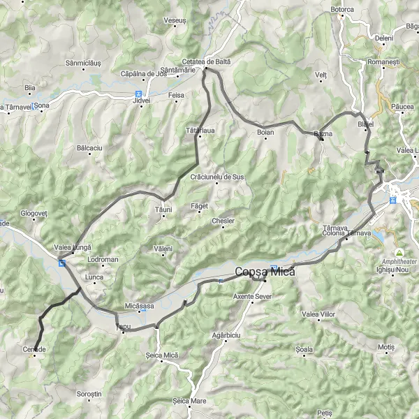 Map miniature of "Bazna - Valea Lungă Extended Road Cycling Route" cycling inspiration in Centru, Romania. Generated by Tarmacs.app cycling route planner