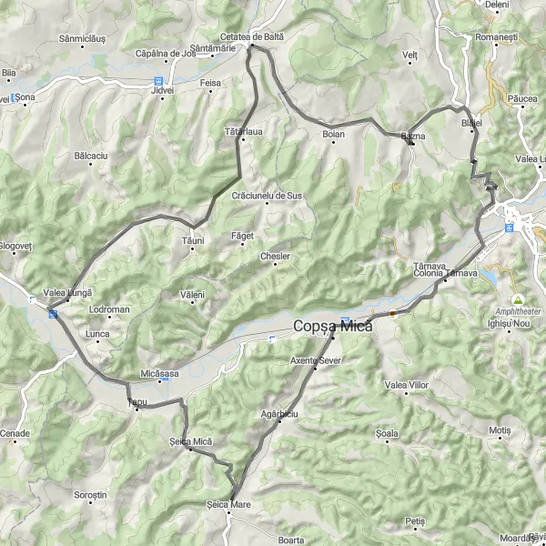 Map miniature of "Bazna - Valea Lungă Scenic Road Cycling Route" cycling inspiration in Centru, Romania. Generated by Tarmacs.app cycling route planner
