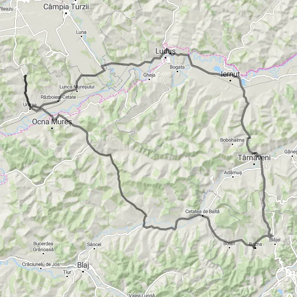 Map miniature of "Bazna to Botorca Expedition" cycling inspiration in Centru, Romania. Generated by Tarmacs.app cycling route planner