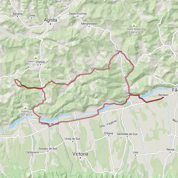 Map miniature of "Beclean to Ilimbav Gravel Route" cycling inspiration in Centru, Romania. Generated by Tarmacs.app cycling route planner