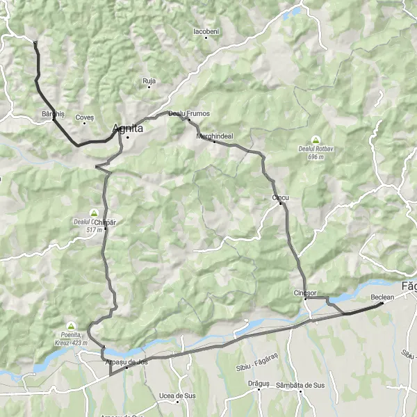 Map miniature of "Scenic Road Cycling Route from Beclean" cycling inspiration in Centru, Romania. Generated by Tarmacs.app cycling route planner