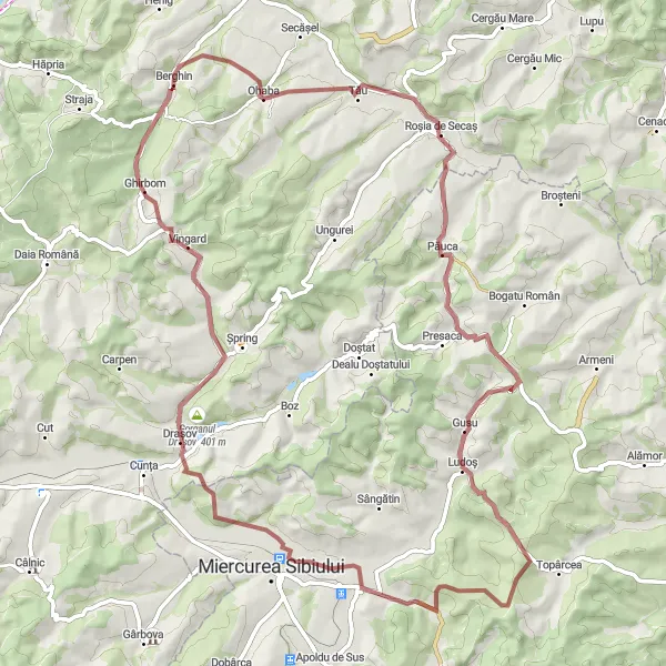 Map miniature of "Mountainous Adventure: Gravel Challenge" cycling inspiration in Centru, Romania. Generated by Tarmacs.app cycling route planner