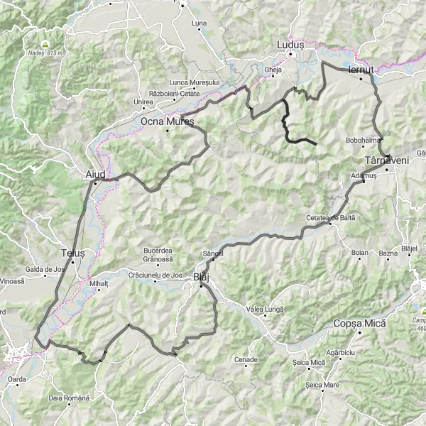 Map miniature of "Berghin to Cergău Mare Epic Journey" cycling inspiration in Centru, Romania. Generated by Tarmacs.app cycling route planner