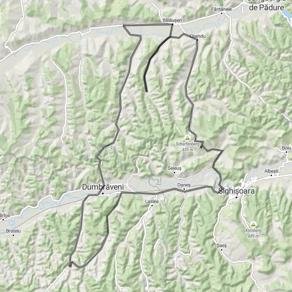 Map miniature of "The Hillside Escape" cycling inspiration in Centru, Romania. Generated by Tarmacs.app cycling route planner