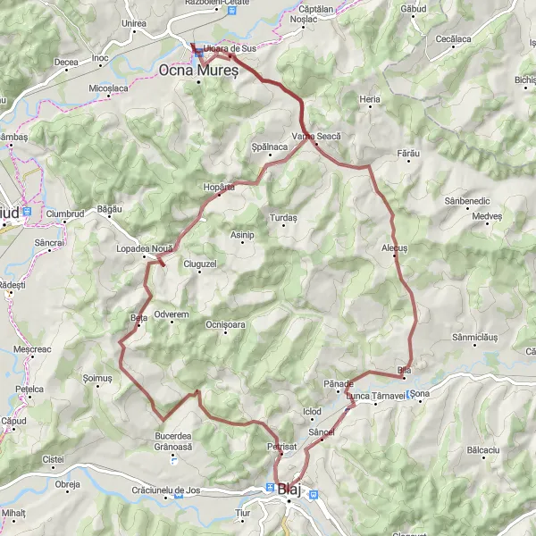 Map miniature of "Over the Gravel Hills" cycling inspiration in Centru, Romania. Generated by Tarmacs.app cycling route planner