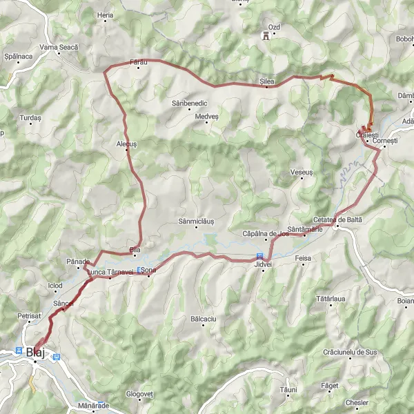 Map miniature of "Exploring the Gravel Paths" cycling inspiration in Centru, Romania. Generated by Tarmacs.app cycling route planner