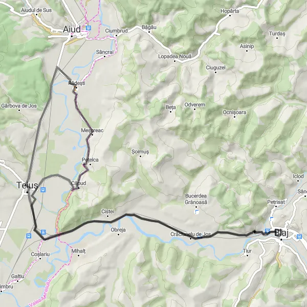 Map miniature of "The Teiuș Ride" cycling inspiration in Centru, Romania. Generated by Tarmacs.app cycling route planner