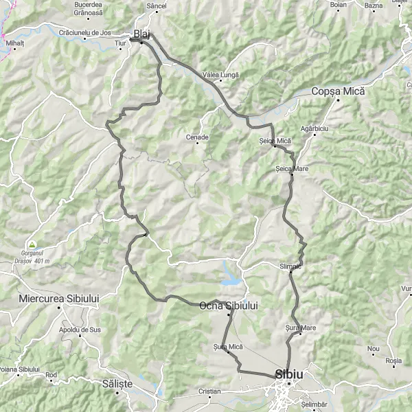 Map miniature of "The Ruși Traverse" cycling inspiration in Centru, Romania. Generated by Tarmacs.app cycling route planner