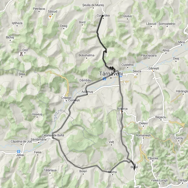 Map miniature of "Cetatea de Baltă Loop" cycling inspiration in Centru, Romania. Generated by Tarmacs.app cycling route planner