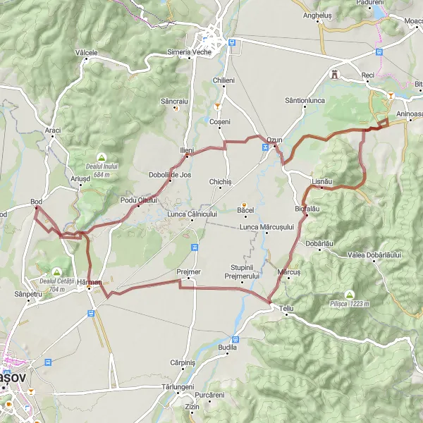 Map miniature of "Bod to Bicfalău Gravel Route" cycling inspiration in Centru, Romania. Generated by Tarmacs.app cycling route planner