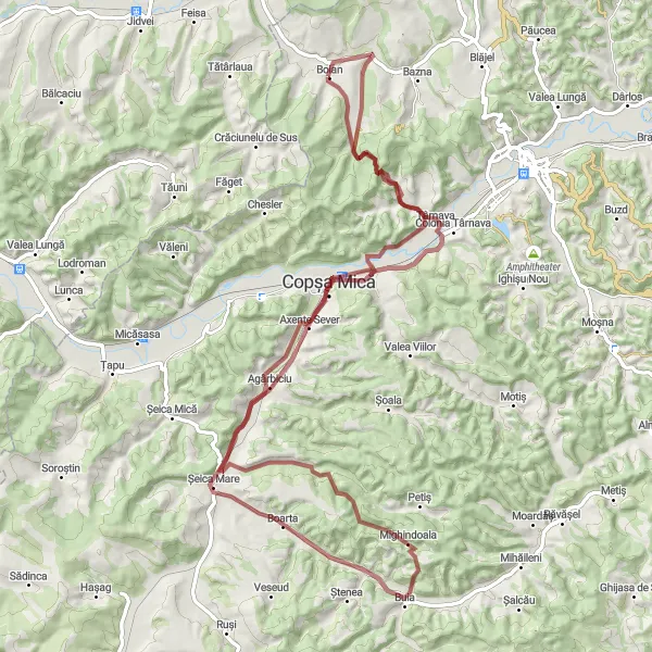 Map miniature of "Gravel Expedition from Boian to Axente Sever" cycling inspiration in Centru, Romania. Generated by Tarmacs.app cycling route planner