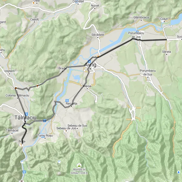 Map miniature of "Tălmaciu and Porumbacu de Jos Road Adventure" cycling inspiration in Centru, Romania. Generated by Tarmacs.app cycling route planner