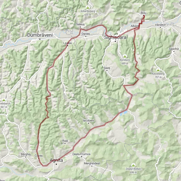 Map miniature of "The Hidden Gems of Agnita" cycling inspiration in Centru, Romania. Generated by Tarmacs.app cycling route planner