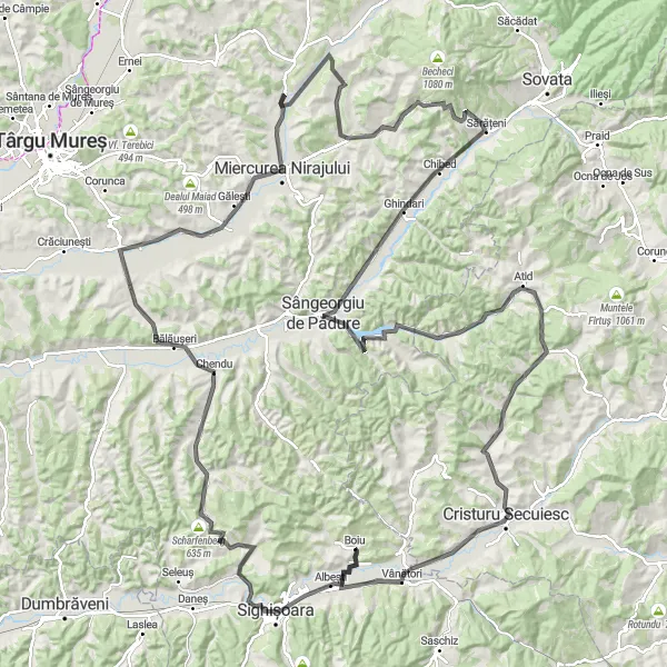 Map miniature of "The Legendary Sighișoara to Bezidu Nou Ride" cycling inspiration in Centru, Romania. Generated by Tarmacs.app cycling route planner