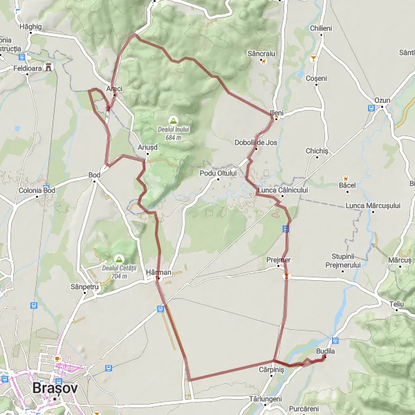 Map miniature of "Gravel Adventure in the Countryside" cycling inspiration in Centru, Romania. Generated by Tarmacs.app cycling route planner